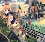  blonde_hair blue_eyes bow broom broom_riding cloud fantasy flying goggles highres john_hathway landscape original scenery shorts solo_focus witch 