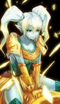  armor beancurd blue_skin breasts cleavage earrings gauntlets jewelry large_breasts league_of_legends long_hair older pointy_ears poppy red_eyes solo thighhighs white_hair yordle 