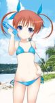  beach bikini blush brown_hair chelsea_masa cloud day flat_chest hair_ribbon holding lyrical_nanoha mahou_shoujo_lyrical_nanoha mahou_shoujo_lyrical_nanoha_a's navel outdoors ribbon short_twintails side-tie_bikini sky solo swimsuit takamachi_nanoha twintails 