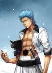  bleach blue_eyes blue_hair grimmjow_jaegerjaquez highres hole_on_body linjie male_focus open_clothes open_shirt shirt solo 