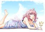  barefoot breasts cleavage cloud day food ice_cream kakao_(noise-111) large_breasts lying mouth_hold on_stomach pink_hair purple_eyes saigyouji_yuyuko short_hair sky solo spoon the_pose touhou triangular_headpiece 