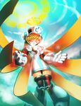  android blonde_hair blue_sky cinnamon closed_eyes glowing halo hat heart koi_drake long_hair nurse nurse_cap ponytail robot rockman rockman_x rockman_x_command_mission sky solo thighhighs zettai_ryouiki 