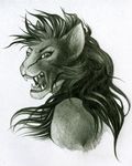  ambiguous_gender bust draconid dragon fangs feline female hair harag hybrid liogron lion long_hair looking_at_viewer mammal monochrome open_mouth portrait roaring solo tankana 