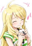  blonde_hair bracelet eating food hoshii_miki idolmaster idolmaster_(classic) jewelry long_hair miri_(ago550421) musical_note necklace onigiri smile solo upper_body 