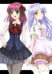  alternate_costume angel_beats! bad_id bad_pixiv_id dress gorogoro green_eyes long_hair multiple_girls pantyhose purple_hair short_hair silver_hair tenshi_(angel_beats!) thighhighs yellow_eyes yuri_(angel_beats!) 