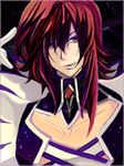  1boy choker coat collar creed_graphite gloves grin open_mouth purple_background purple_eyes red_hair short_hair smile tales_of_(series) tales_of_hearts 