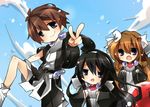  1boy 2girls aoi_kimi aoi_toori blue_eyes child children horizon_ariadust kyoukai_senjou_no_horizon kyoukaisenjou_no_horizon multiple_girls purple_eyes raikousama slime smile tsuka_(raikousama) v 