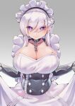  1girl absurdres apron azur_lane belfast_(azur_lane) black_choker breasts broken broken_chain chain choker cleavage clothes_lift dress dress_lift eyebrows_visible_through_hair eyes_visible_through_hair grey_background hair_over_eyes highres huge_breasts light_purple_hair long_hair looking_at_viewer maid_headdress purple_eyes simple_background skirt_hold solo take_yaki waist_apron white_apron 