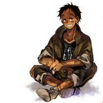  bad_id bad_pixiv_id black_eyes black_hair cigarette dark_skin dark_skinned_male dorohedoro full_body grin jacket kasukabe_(dorohedoro) male_focus pants pants_rolled_up shoes simple_background sitting sleeves_rolled_up smile smoke sneakers solo tattoo 