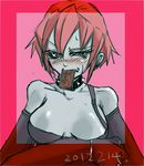  bare_shoulders blush border breast_hold breasts chocolate chocolate_bar collar elbow_gloves embarrassed genderswap genderswap_(mtf) gloves grey_skin half-closed_eyes large_breasts midnight_bliss mouth_hold red_border red_eyes red_hair short_hair solo spiked_collar spikes sugiura_kokuro sweatdrop vampire_(game) zabel_zarock 