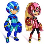  1girl android arm_cannon blonde_hair blue_eyes helmet koi_drake long_hair lowres oversized_forearms oversized_limbs pantyhose ponytail rockman rockman_x roll sketch smile very_long_hair weapon x_(rockman) 