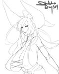  bare_shoulders breasts criss-cross_halter eu03 greyscale halter_top halterneck horns huge_breasts long_hair monochrome original sideboob sketch solo 