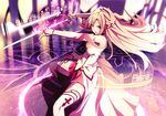  asuna_(sao) bare_shoulders brown_hair detached_sleeves engrish highres holding long_hair merontomari ranguage red_eyes skirt solo sword sword_art_online thighhighs weapon white_legwear 