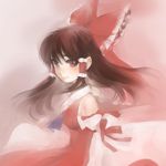  bangs bare_shoulders bow brown_eyes floating_hair hair_bow hakurei_reimu kayako_(tdxxxk) light_smile long_hair pale_color pink_background red_eyes solo touhou 