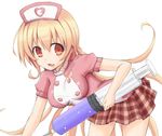  :3 :d alternate_costume bad_id bad_pixiv_id bent_over bonnou_soku_bodai breasts compa ears hat heart large_syringe long_hair medium_breasts neptune_(series) nurse_cap open_mouth oversized_object pink_hair plaid plaid_skirt pleated_skirt red_eyes skirt smile solo syringe very_long_hair 