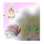  absurdres blonde_hair blush bow bucket green_eyes green_hair hair_bobbles hair_bow hair_ornament heart highres in_bucket in_container kisume kurodani_yamame mizuhashi_parsee multiple_girls open_mouth pointy_ears ponytail ruto5102 short_hair touhou upside-down wooden_bucket 