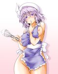  apron bare_shoulders between_breasts blush bottomless breast_lift breast_squeeze breasts groin hat large_breasts letty_whiterock naked_apron no_panties purple_eyes purple_hair short_hair simple_background solo ta_ki touhou whisk 