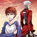  airi_h archer brown_eyes command_spell emiya_shirou fate/stay_night fate_(series) kanshou_&amp;_bakuya magic_circle male_focus multiple_boys raglan_sleeves red_hair white_hair 