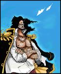  1boy black_hair blue_sky crossed_arms facial_hair jewelry male male_focus marshall_d_teach missing_teeth necklace one_piece open_clothes open_shirt pirate sash shirt sky solo 