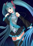  :d aqua_eyes aqua_hair bad_id bad_pixiv_id detached_sleeves hatsune_miku headphones long_hair looking_at_viewer necktie open_mouth skirt smile solo star_(sky) thighhighs twintails very_long_hair vocaloid willgoon zettai_ryouiki 