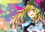  :d blonde_hair hat kayako_(tdxxxk) kirisame_marisa looking_at_viewer multicolored multicolored_background open_mouth rainbow_background smile solo star touhou 
