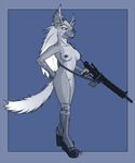  cyera ear_piercing facial_piercing female fur grey_fur gun krinkels nipple_piercing nipples nose_piercing nude piercing pussy ranged_weapon rifle shoes solo weapon 