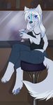  bar blue blue_eyes blue_markings blue_paws canine clothed clothing demicoeur digitigrade drink female fluffy_tail hair hindpaw looking_at_viewer looking_back mammal markings paws sitting solo white_hair wolf 