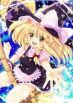  apron blonde_hair blush bow braid broom daiso hat hat_bow kirisame_marisa long_hair open_mouth puffy_sleeves short_sleeves side_braid single_braid solo star touhou white_bow witch_hat yellow_eyes 