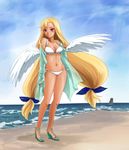  angel beach bikini blonde_hair day long_hair open_toe_shoes paimin purple_eyes robe shoes solo swimsuit twintails virtue_(waguruma!) waguruma! 