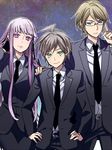  2boys bad_id bad_pixiv_id blue_eyes braid brown_hair danganronpa danganronpa_1 formal glasses green_eyes kirigiri_kyouko long_hair multiple_boys naegi_makoto necktie purple_eyes purple_hair short_hair single_braid spoilers suit super_danganronpa_2 togami_byakuya tohroh 