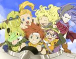  3girls ayla_(chrono_trigger) bad_id bad_pixiv_id belt blue_eyes brown_eyes buckle cape chrono_trigger closed_eyes cloud crono day earrings epoch frog glasses gloves grin headband helmet jewelry kaeru_(chrono_trigger) long_hair lucca_ashtear magus marle multiple_boys multiple_girls open_mouth parody pointy_ears ponytail purple_hair red_hair robo scarf sky smile smirk style_parody tales_of_(series) wind 