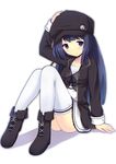  1girl black_hair blue_eyes blush boots breasts dress frown hat highres jacket kuroi_(night_sky) long_hair original ribbon simple_background sitting snow_(gi66gotyo) solo the_star_of_promise_in_this_night_sky thighhighs very_long_hair white_background white_legwear 