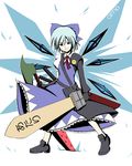  adapted_costume advent_cirno blue_eyes blue_hair bow character_name cirno dual_wielding gloves hair_bow holding ice ice_wings long_sleeves nitoro-star puffy_sleeves short_sleeves smile solo sword touhou weapon wings 