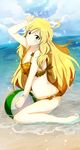  ball beach beachball blonde_hair daruma_(lvckmbygsa) day green_eyes hoshii_miki idolmaster idolmaster_(classic) long_hair smile solo wristband 