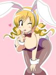  animal_ears bad_id bad_pixiv_id bent_over blonde_hair blush_stickers bow bowtie breasts bunny_ears bunnysuit cleavage detached_collar drill_hair hoshino. huge_breasts long_hair mahou_shoujo_madoka_magica one_eye_closed pantyhose tomoe_mami twin_drills twintails wrist_cuffs yellow_eyes 