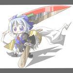  advent_cirno aoblue blue_hair blush bow cirno dual_wielding grin hair_bow holding long_sleeves puffy_sleeves purple_eyes short_hair short_sleeves smile solo sword touhou weapon 