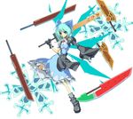  advent_cirno blue_eyes blue_hair bow cirno fusion_swords gloves grin hair_bow long_sleeves puffy_sleeves sanshirou short_hair short_sleeves smile snowflakes solo sword touhou weapon 