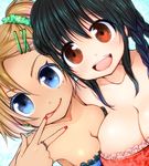  :q bare_shoulders black_hair blue_eyes blush breast_press breasts chiru cleavage earrings hair_ornament hairclip jewelry large_breasts looking_at_viewer multiple_girls nail_polish open_mouth original ponytail ring tongue tongue_out v 