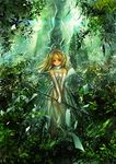 blonde_hair dress forest highres leaf lm7_(op-center) long_hair nature original polearm red_eyes smile solo trident twintails weapon white_dress 