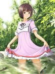  brown_eyes brown_hair collarbone dress fish haruue_erii holding nature short_hair side_ponytail skirt_hold smile solo to_aru_kagaku_no_railgun to_aru_majutsu_no_index wading water yubari_rumoi 