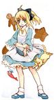  ahoge alternate_costume artoria_pendragon_(all) blonde_hair bow cat dress fate/stay_night fate/unlimited_codes fate_(series) fish gingerbread green_eyes hair_bow knife long_hair ponytail rakuko saber saber_lily solo star traditional_media watercolor_(medium) 