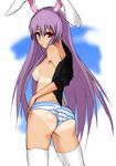  animal_ears anzuu ass breasts bunny_ears long_hair looking_back medium_breasts no_bra no_pants open_clothes open_shirt panties purple_hair red_eyes reisen_udongein_inaba shirt sideboob sleeves_rolled_up solo striped striped_panties tan tanline thighhighs touhou underwear very_long_hair white_legwear 