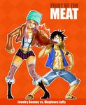  1boy 1girl abs black_hair blue_vest boots character_name duo eating female food full_body hat jewelry_bonney lipstick makeup male meat midriff monkey_d_luffy muscle one_piece open_clothes open_vest orange_background patterned_legwear pink_hair sabaody_archipelago sandals scar shorts simple_background standing straw_hat striped_shorts supernova suspenders text thighhighs vest 