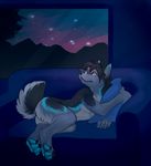  blue blue_theme canine cute demicoeur evening fur indoor lying male mammal nude sofa solo wolf 