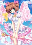  :d bad_id bad_pixiv_id brown_hair cardcaptor_sakura choker dress green_eyes highres hoshi_no_tsue kero kinomoto_sakura open_mouth pink_choker puffy_short_sleeves puffy_sleeves shirato_sayuri short_hair short_sleeves single_thighhigh smile star star_choker thighhighs two_side_up wings 