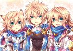  armor blonde_hair chung_seiker deadly_chaser_(elsword) elsword green_eyes hair_flaps iron_paladin_(elsword) long_hair male_focus multiple_boys multiple_persona ponytail rudia scarf shelling_guardian_(elsword) smile spiked_hair symbol-shaped_pupils 