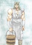  beard bucket chest cosplay facial_hair green_hair hair_bobbles hair_ornament hokuto_no_ken kamexmusi kisume kisume_(cosplay) long_hair male_focus muscle sleeveless solo toki_(hokuto_no_ken) touhou twintails wooden_bucket 