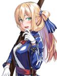  1girl blonde_hair blue_jacket blush commentary_request eyebrows_visible_through_hair from_side girls_frontline gloves green_eyes gun h_kasei hair_between_eyes hair_ornament hand_up jacket long_hair long_sleeves looking_at_viewer m1903_springfield m1903_springfield_(girls_frontline) neck_ribbon object_namesake open_mouth red_neckwear red_ribbon ribbon rifle sash shirt simple_background solo weapon white_background white_gloves white_shirt 