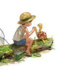  :o back bare_arms bare_legs bare_shoulders black_eyes black_hair blue_shorts bug_catcher_(pokemon) butterfly_net child curious day drawr flip-flops footwear_removed gen_2_pokemon hand_net hat holding insect_cage log looking_at_another male_focus moss muguu outdoors poke_ball pokemon pokemon_(creature) pokemon_(game) pokemon_gsc pokemon_hgss profile sandals shoe_dangle shoes shorts shuckle simple_background single_shoe sitting sleeveless soles straw_hat summer sun_hat tank_top tree white_background 