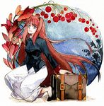  aozaki_aoko blue_eyes briefcase flower hair_intakes long_hair rakuko red_hair skirt smile solo traditional_media tsukihime watercolor_(medium) 